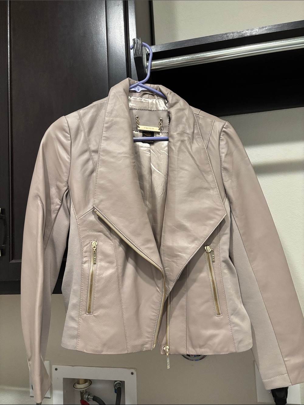 IMAN Blush Faux Leather Moto Jacket with Gold Zippers